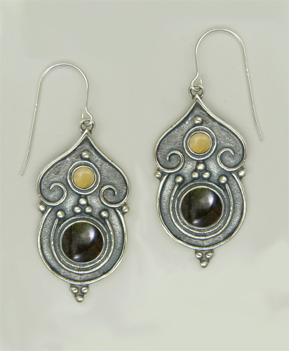 Sterling Silver Gothic Inspired Drop Dangle Earrings With Spectrolite And Yellow Jade